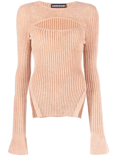 Andreädamo Ribbed Knit Top With Cut-out In Nude & Neutrals