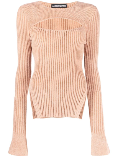 Andreädamo Ribbed Knit Top With Cut-out In Beige