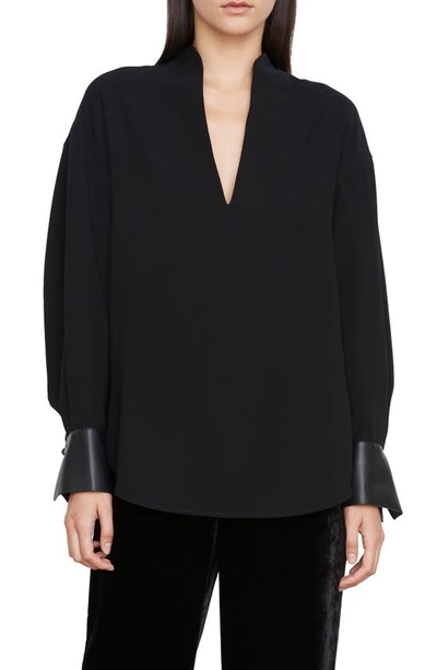 Vince Slit Neck Long Sleeve Top In Black