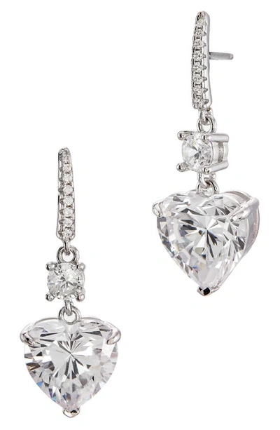 Savvy Cie Jewels Rhodium Plated Sterling Silver Canary Cz Heart Drop Huggie Earrings In White