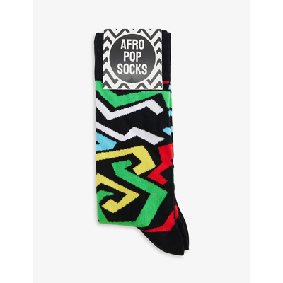 Afropop Socks Highlife Graphic-print Stretch-cotton Blend Socks In Black Multi