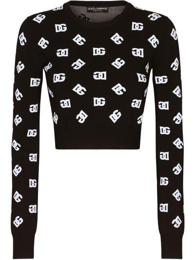 Dolce & Gabbana Dg Logo Jacquard Cropped Sweater In Black_white