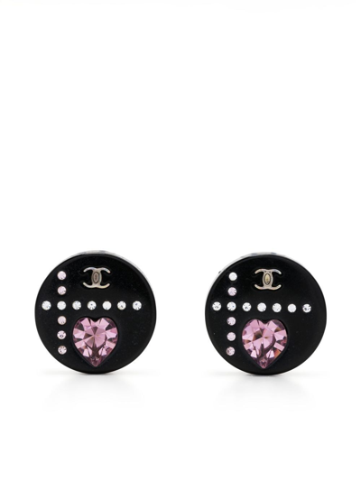 Pre-owned Chanel 2004 Cc Crystal-embellished Clip-on Earrings In Black