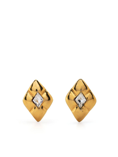 Pre-owned Chanel 2000s Crystal-embellished Rhombus Clip-on Earrings In Gold