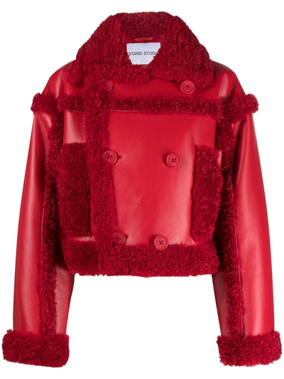 Stand Studio Kristy Double Breasted Faux Leather Crop Jacket With Faux Shearling Trim In Red
