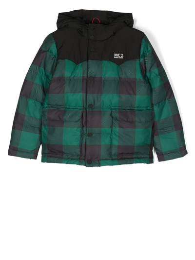 Mc2 Saint Barth Kids' Snoopy Checked Feather-down Jacket In Green