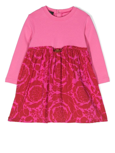 Versace Babies' Baroque-print Long-sleeve Dress In Pink