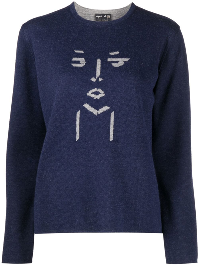 Agnès B. Intarsia-knit Crew-neck Jumper In Blue