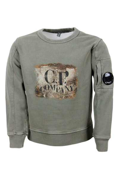 C.p. Company Kids' Long-sleeved Crewneck Sweatshirt In Breathable Fleece Cotton In Military