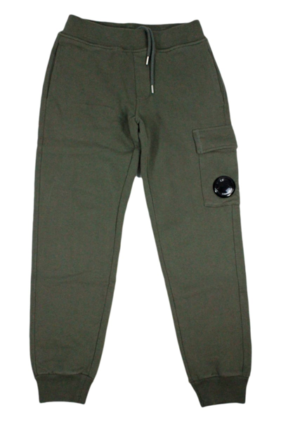 C.p. Company Kids' Breathable Fleece Cotton Trousers With Drawstring Waist In Military