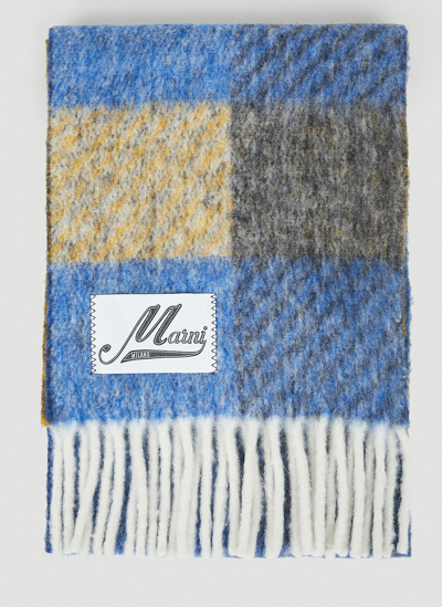 Marni Brushed Wool Check Scarf In Mazarine Blue