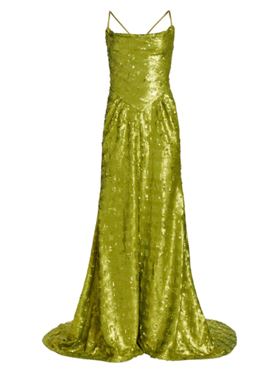 H A R B I S O N Adamas Sequined Gown In Grid Sequin Chartreuse Rice