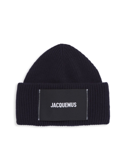 Jacquemus Le Bonnet Logo Patch Rib Wool Beanie In Blue