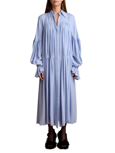 Khaite Colleen Gathered Long Sleeve Drop Waist Silk Shirtdress In Blue
