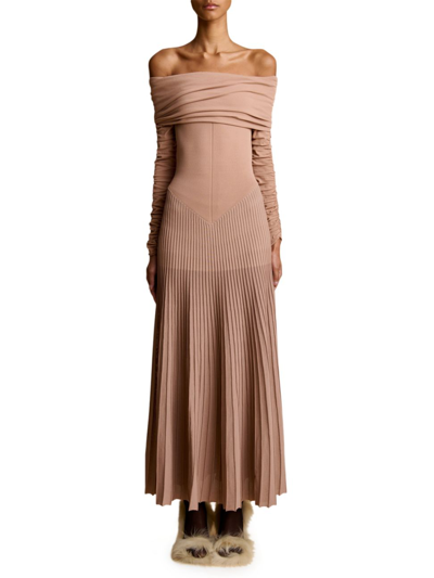 Khaite Rebecca Pleated Off-the-shoulder Dress In Brown