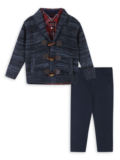 Andy & Evan Kids' Boy's Toggle Cardigan W/ Button Down Shirt And Pants Set In Marled Navy