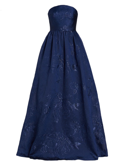 ml Monique Lhuillier Strapless Jacquard Gown In Navy