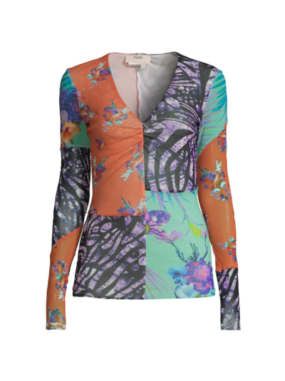 Fuzzi Patchwork-print Long-sleeve Tulle Top In Neutral