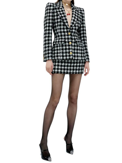 Alessandra Rich Gingham Wool Blend Tweed Mini Skirt In Black