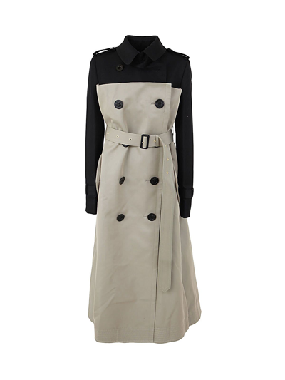 Sacai Cotton Gabardine Double-breasted Trench Coat In Black Beige