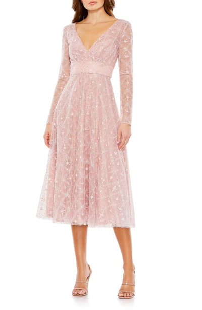 Mac Duggal Beaded Long Sleeve Empire Waist Cocktail Dress In Rose