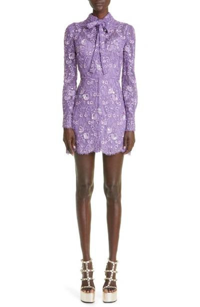 Valentino Embellished Lace Mini Shirtdress In Lilac