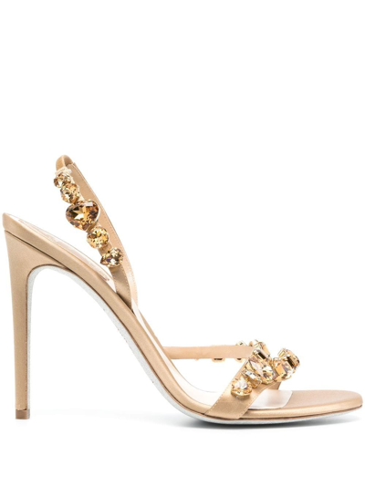 René Caovilla Gold-tone Crystal-embellished 105 Satin Slingback Sandals