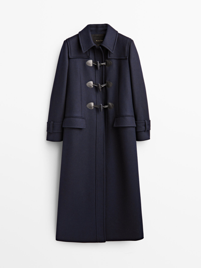 Massimo Dutti Long Navy Blue Coat With Toggles