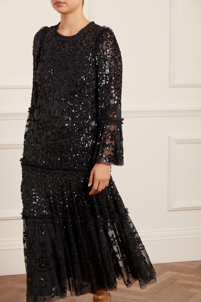 Needle & Thread Annie Sequin Tiered Ankle Gown In Black
