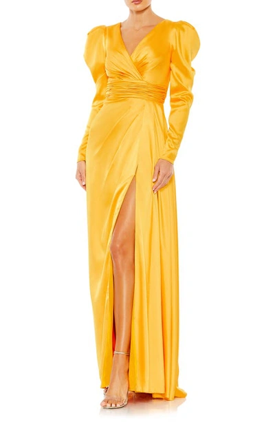 Mac Duggal Faux Wrap Long Sleeve A Line Gown In Marigold