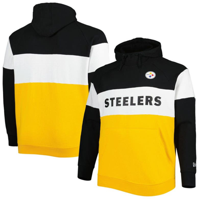 New Era Black/gold Pittsburgh Steelers Big & Tall Current Team Colorblock Fleece Raglan Pullover Hoo