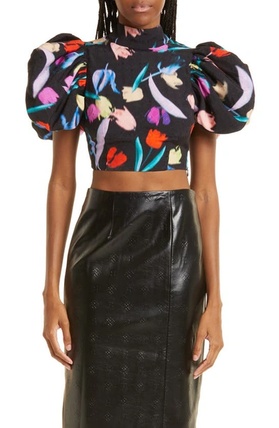 Rotate Birger Christensen Dusk Floral High-neck Puffed-sleeve Crop Top In Multicolor