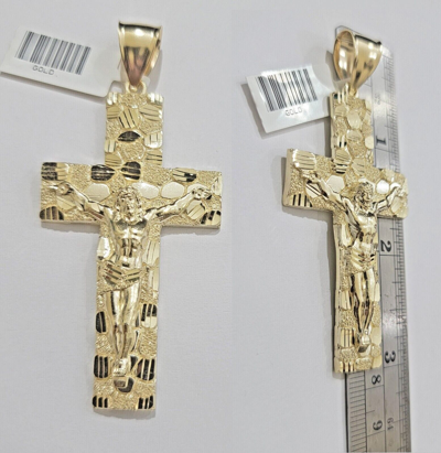 Pre-owned My Elite Jewelers 10k Yellow Gold Nugget Cross Charm Pendant Jesus Crucifix 3" Inch 10kt For Chain
