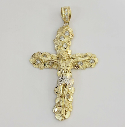 Pre-owned My Elite Jeweler 14k Yellow Gold Cross Pendant Charm Nugget Jesus Crucifix 3.5" Real 14 Kt Gold In White
