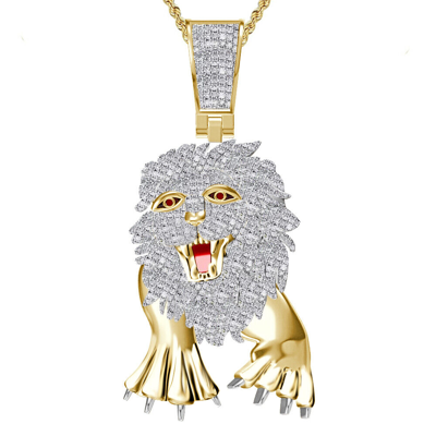 Pre-owned Us Diamond King Men's Real Genuine Diamond Walking Lion King Body Charm Pendant Chain Set 2.25'' In Yellow Gold Finish