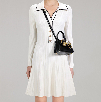 Pre-owned Self-portrait Ivory White Knitting Lapel Long Sleeve Short Skirt Dress