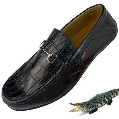Pre-owned Alligator Mens  Loafers Shoes Slip On Crocodile Leather Driving Casual Moccasins In Black