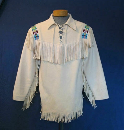 Pre-owned White Suede Men's Western Suede Leather Fringe Shirt In White Leather With Custom Beads