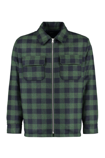 Apc Ian Checked Wool-blend Flannel Overshirt In Green