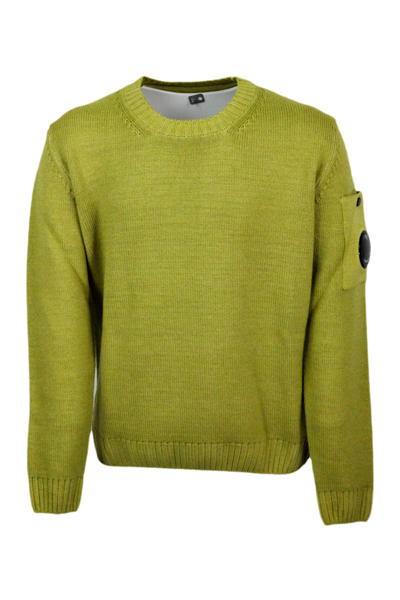 C.p. Company Kids' Crewneck Wool Sweater With Logo On The Sleeve In Vanisè Color In Lime