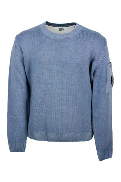 C.p. Company Kids' Crewneck Wool Sweater With Logo On The Sleeve In Vanisè Color In Blu