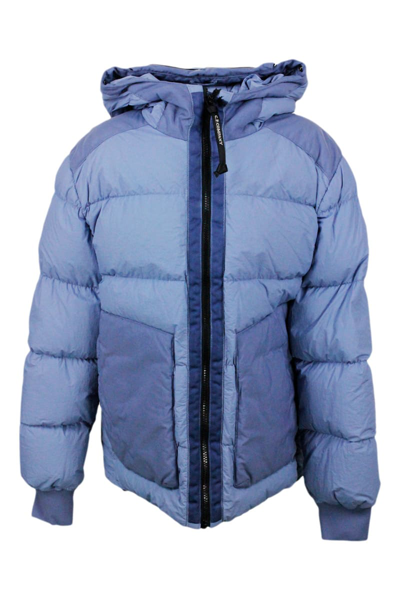 C.p. Company Kids' Down Jacket In Real Goose Down In Taylon L Fabric In Garment Dyed. Full Zip Closure, Integrated Hood In Blue