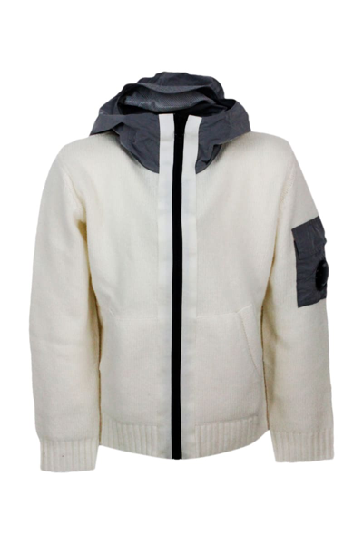 C.p. Company Kids' Wool Sweater With Long Sleeve Full Zip Closure With Nylon Hood With Logo On The Sleeve And Kangaroo  In Cream