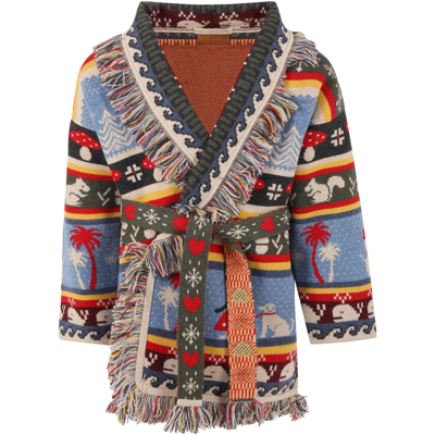 Alanui Multicolor Cardigan For Kids With Colorful Motifs In Neutrals