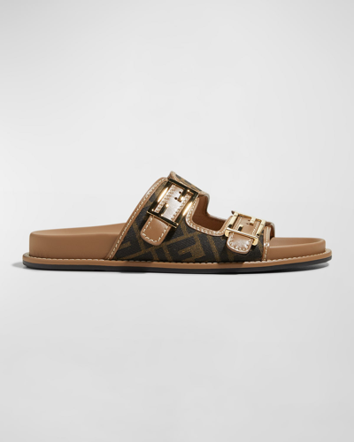 FENDI FF JACQUARD DUAL BUCKLE SLIDE SANDALS