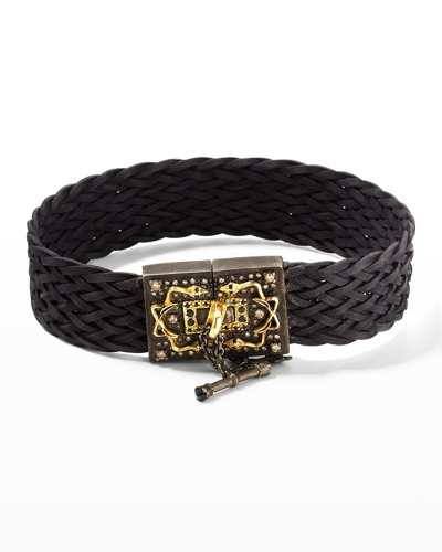 Armenta Men's Woven Leather Bracelet W/ Diamonds & Black Sapphires In Two Tone