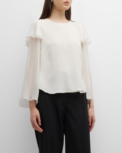 Rebecca Taylor Chiffon Grid Sheer Long Sleeve Silk Top In White