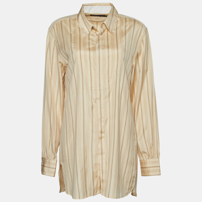 Pre-owned Ralph Lauren Beige Silk & Cotton Striped Dress Shirt L
