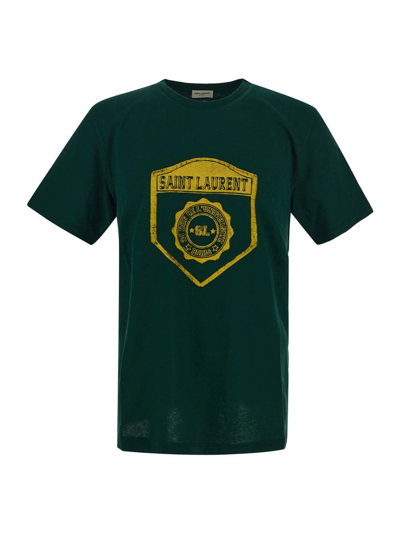 Saint Laurent Logo Printed Crewneck T-shirt In Green