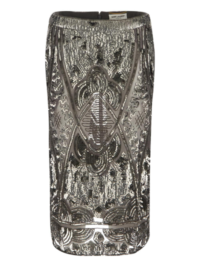 Saint Laurent Paillettes Midi Skirt In Metallic